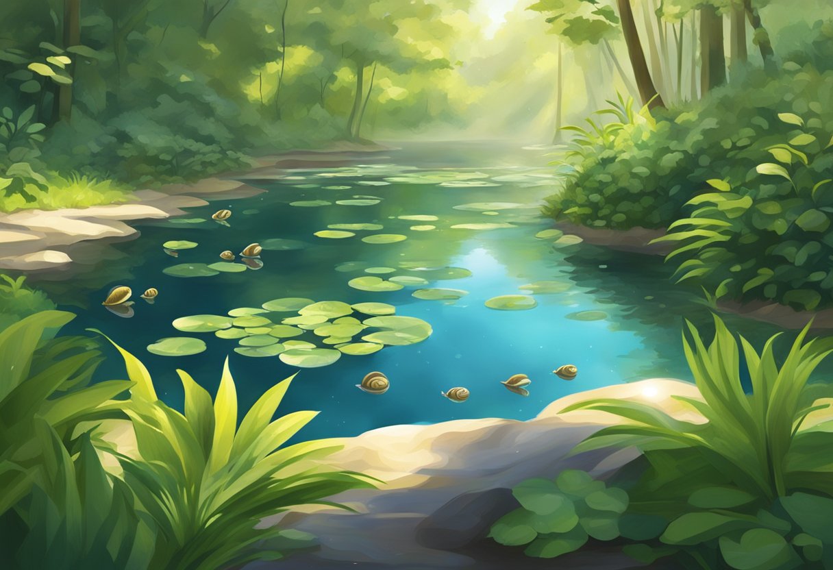 A tranquil pond with clear water, surrounded by lush greenery. A cluster of pond snails glides gracefully through the water, their shells gleaming in the sunlight