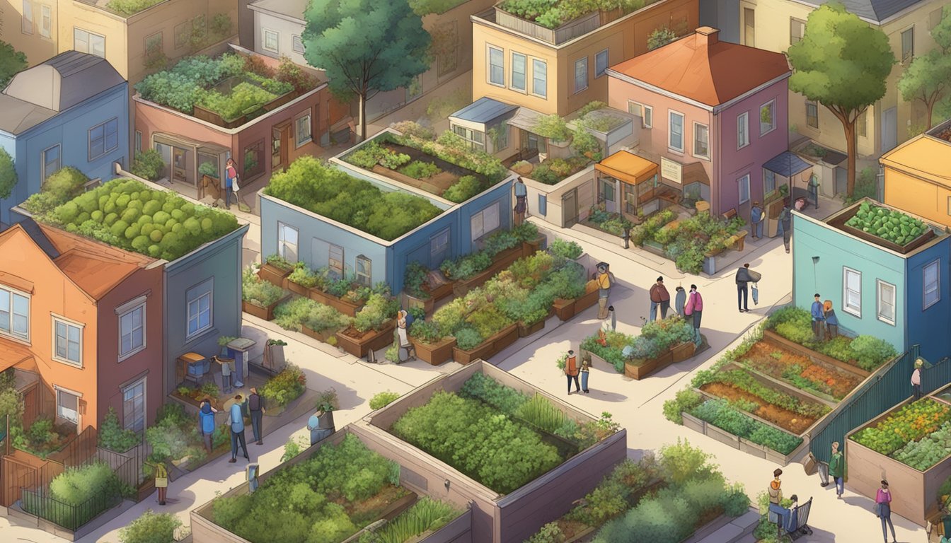 A bustling urban neighborhood with diverse residents composting in their backyard bins and community garden plots