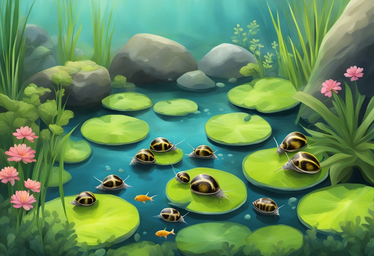 A group of pond snails grazing on algae-covered rocks at the bottom of a clear, freshwater pond, surrounded by various aquatic plants and small fish