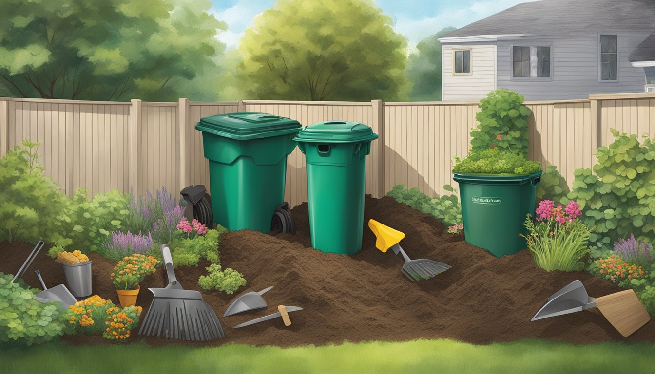 A backyard in Toledo, OH with a compost bin, garden tools, and a variety of organic materials being added to the compost pile