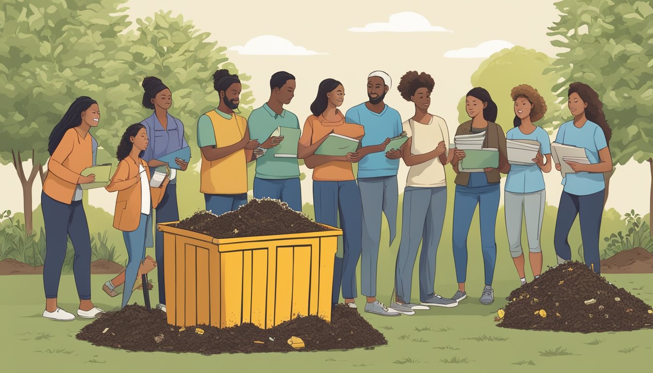 A group of people in Columbus, OH gather around a compost bin, surrounded by educational resources and local initiative signs, demonstrating the process of composting