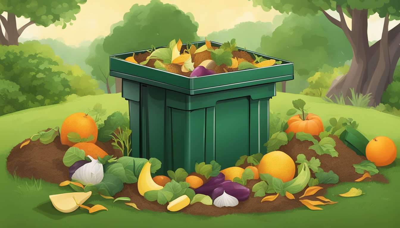 A backyard composting bin surrounded by a variety of organic waste, including fruit peels, vegetable scraps, and yard clippings. The bin is situated in a grassy area with a small garden nearby