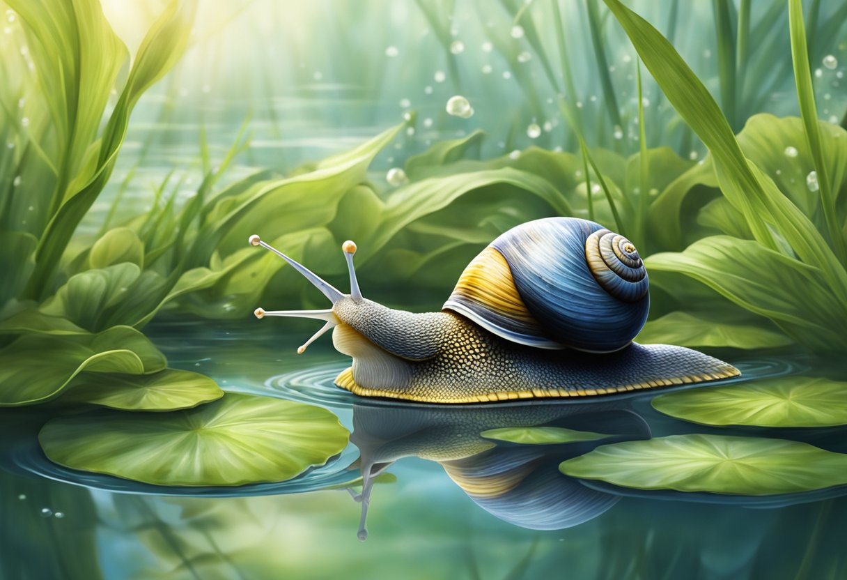 A pond snail glides across the surface of a clear, still pond, surrounded by healthy aquatic plants and clean water