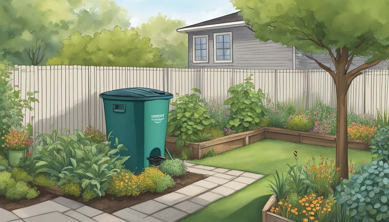 A lush backyard with a compost bin, surrounded by native plants and a rain barrel. A small sign indicates the city's composting guidelines