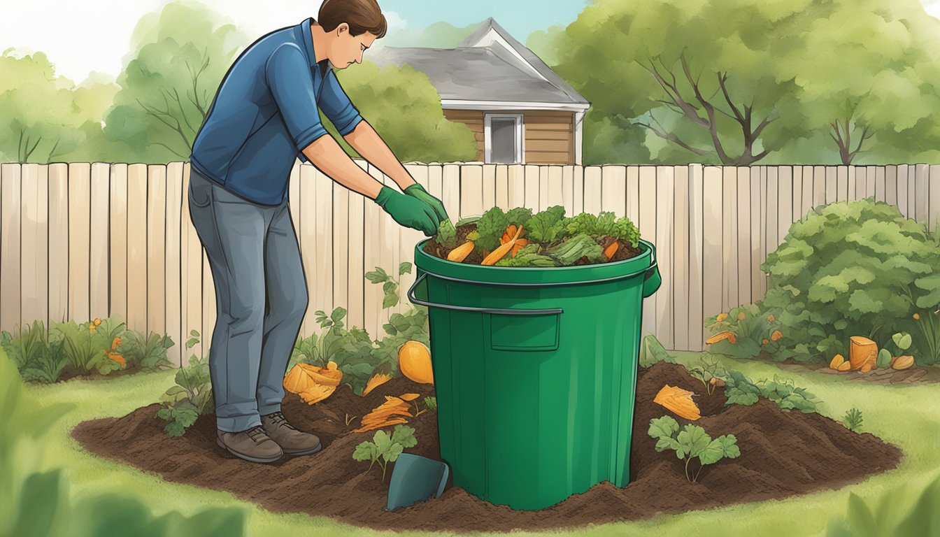 A person adding food scraps and yard waste to a compost bin in a backyard garden