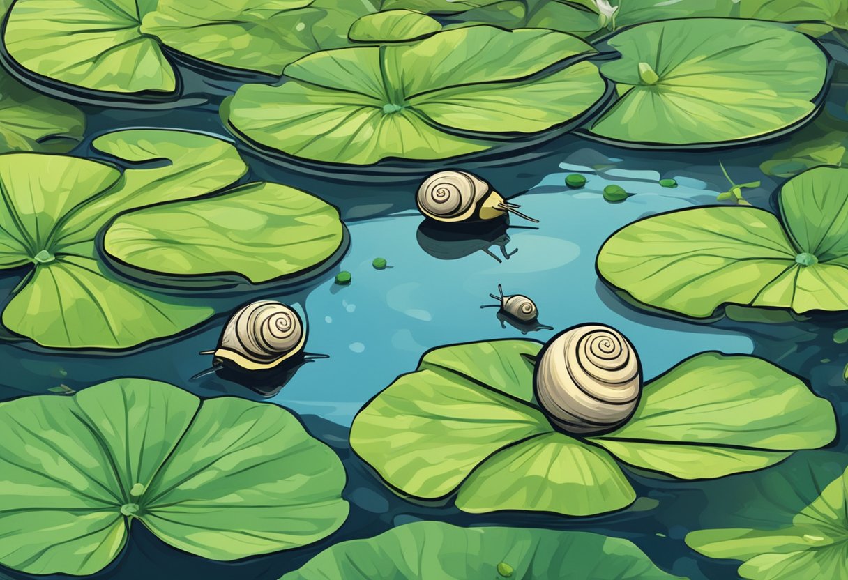 Pond snails floating among water plants, while some debate in the background