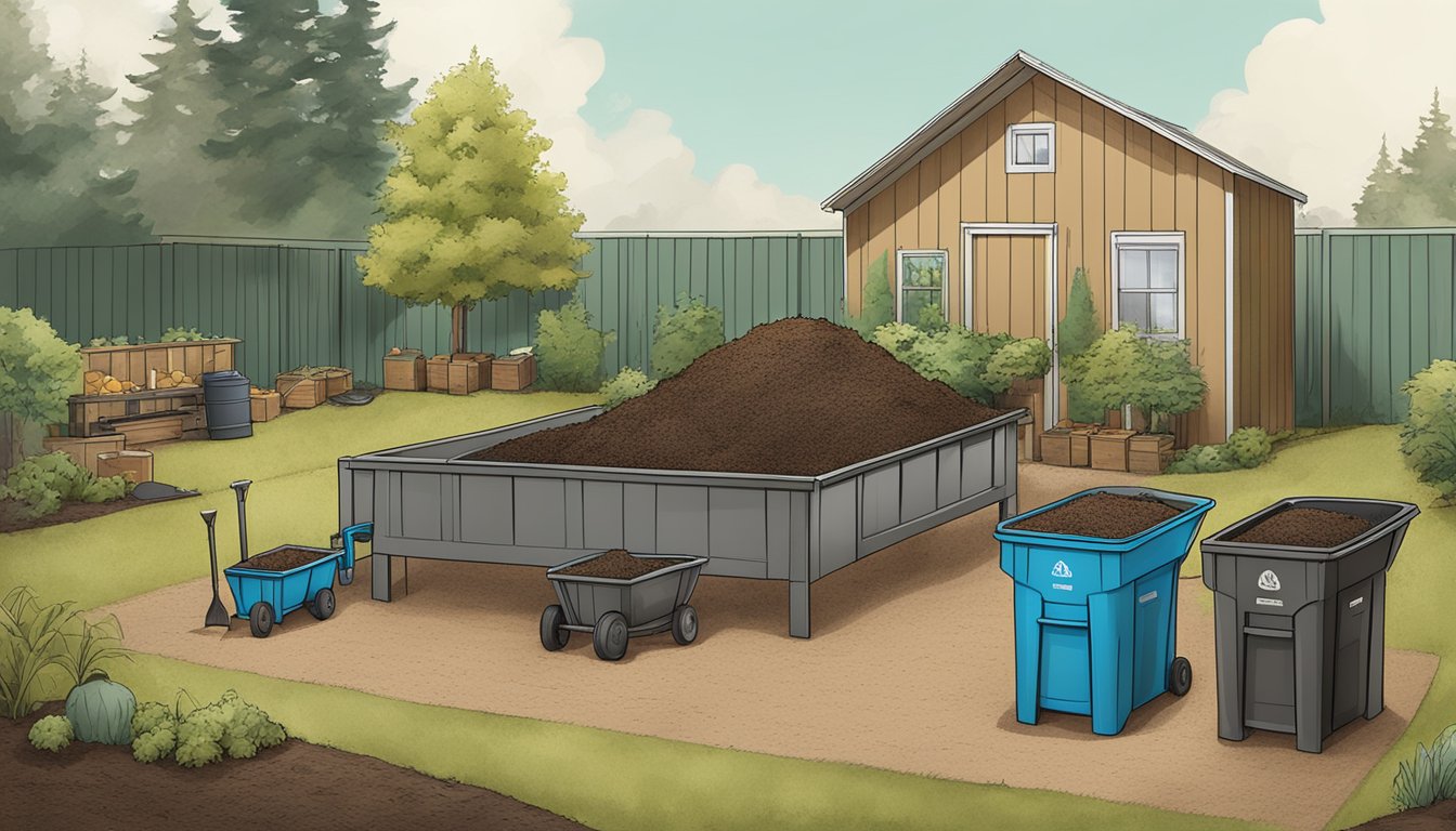 A backyard composting setup with bins, a shovel, and various organic materials in Hillsboro, OR