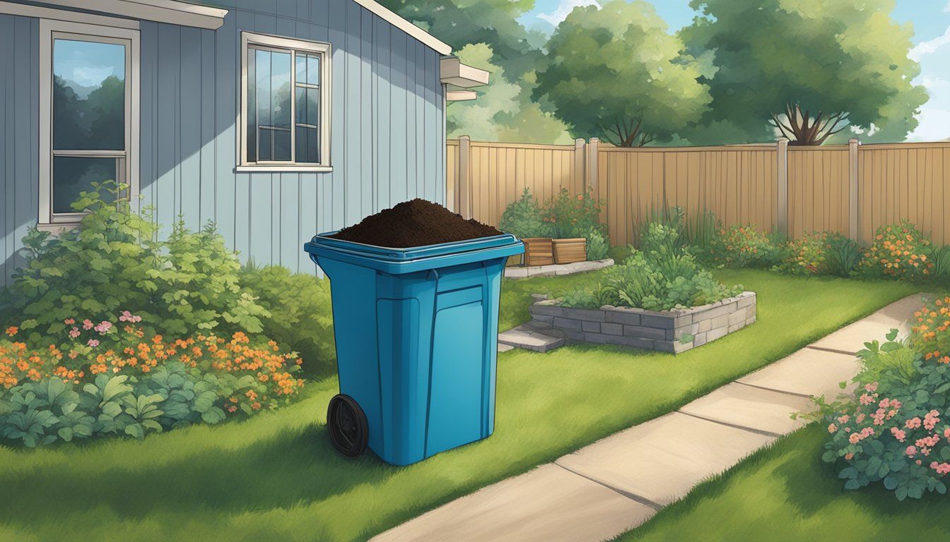 A backyard in Broken Arrow, OK with a compost bin, tumbler, and a pitchfork surrounded by greenery and a clear blue sky