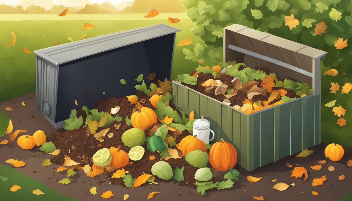 A backyard compost bin surrounded by various organic waste items such as fruit peels, vegetable scraps, and coffee grounds. Fallen leaves and grass clippings are nearby