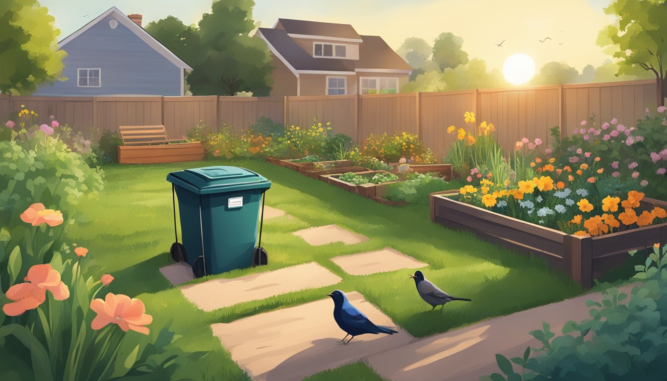 A backyard in Oklahoma City, with a compost bin surrounded by grass, flowers, and a small vegetable garden. The sun is shining, and a few birds are perched nearby