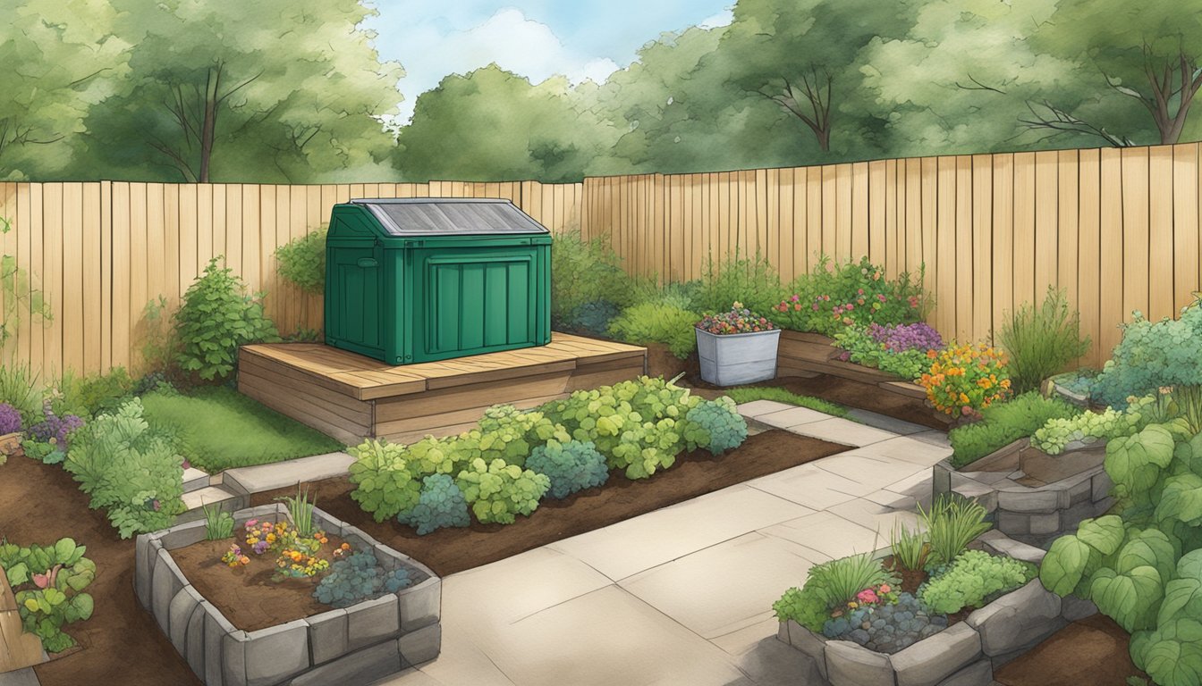 A backyard in Allentown, PA with a compost bin, shovel, and various organic materials being layered inside. A small garden is visible in the background