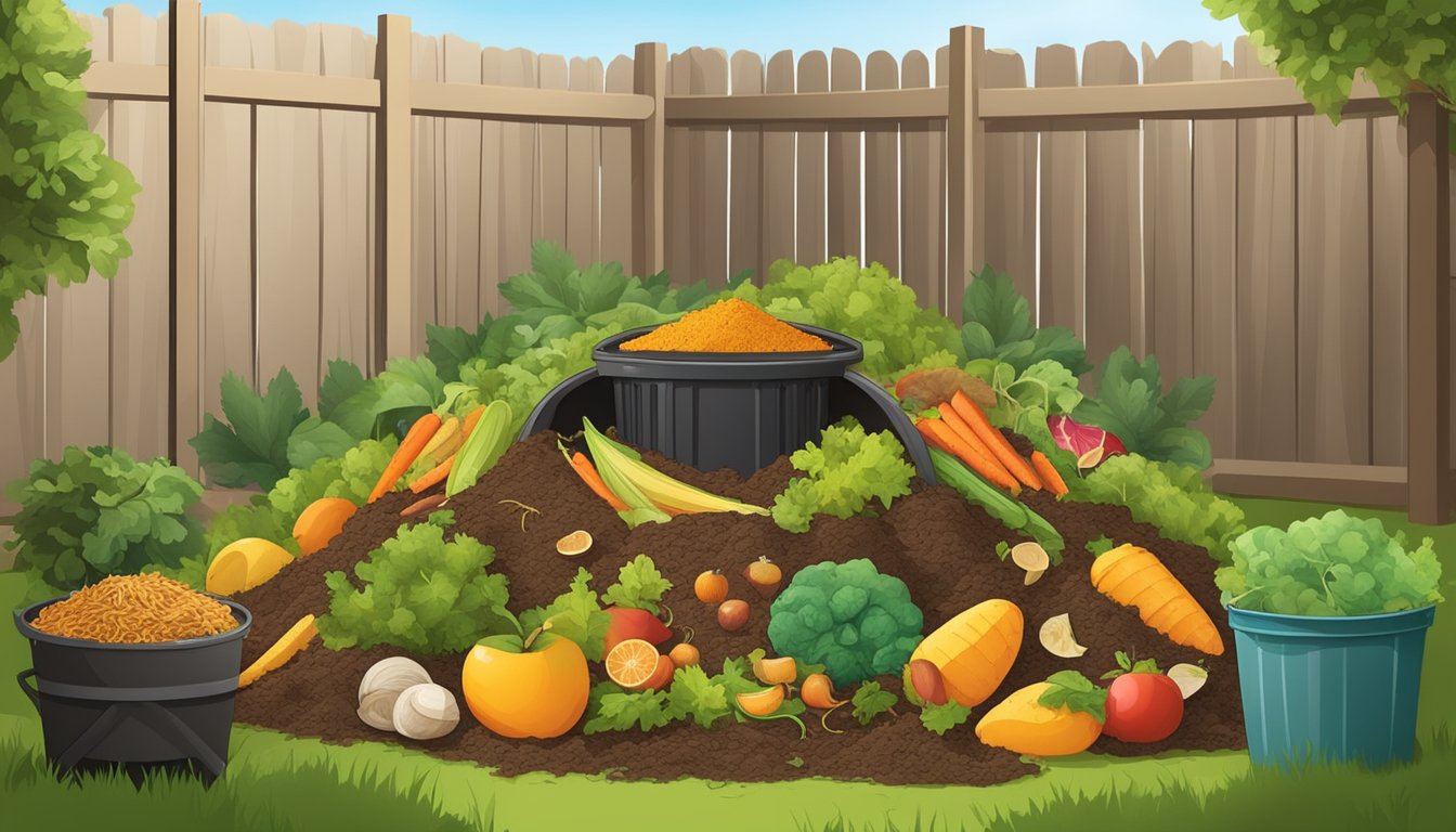 A backyard compost pile with a mix of organic materials, including fruit and vegetable scraps, leaves, and grass clippings, surrounded by a wooden enclosure