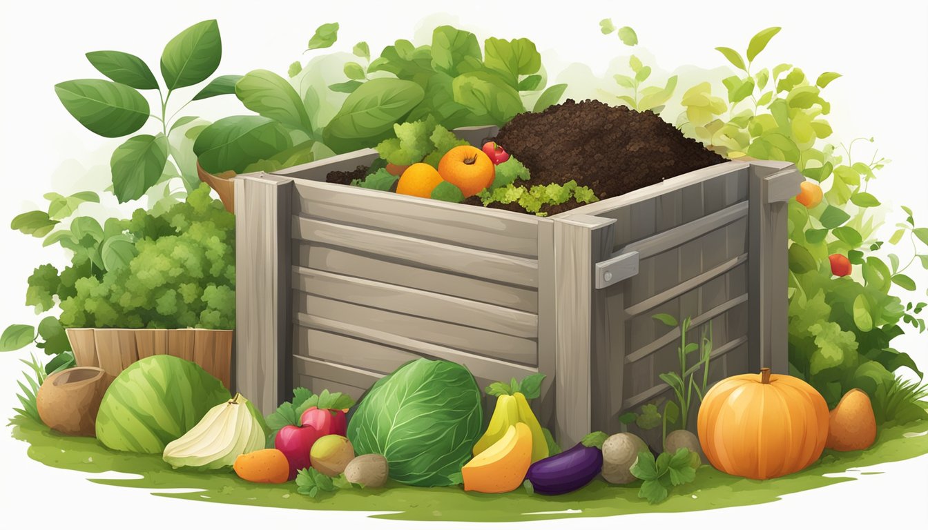 A backyard compost bin surrounded by a variety of organic materials, such as fruit and vegetable scraps, leaves, and grass clippings