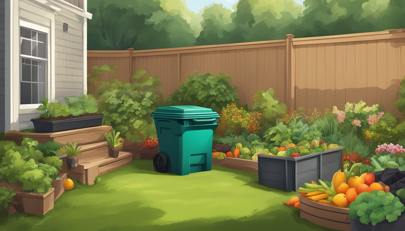 A lush backyard garden with a compost bin, surrounded by a variety of compostable materials such as fruit and vegetable scraps, coffee grounds, and yard waste