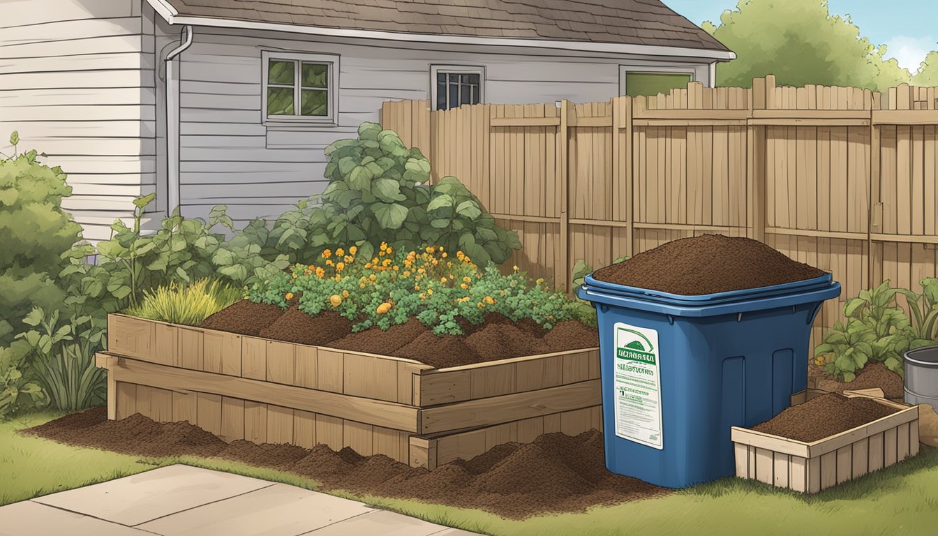 A backyard compost bin surrounded by various organic materials and a sign displaying the composting regulations in Broken Arrow, OK