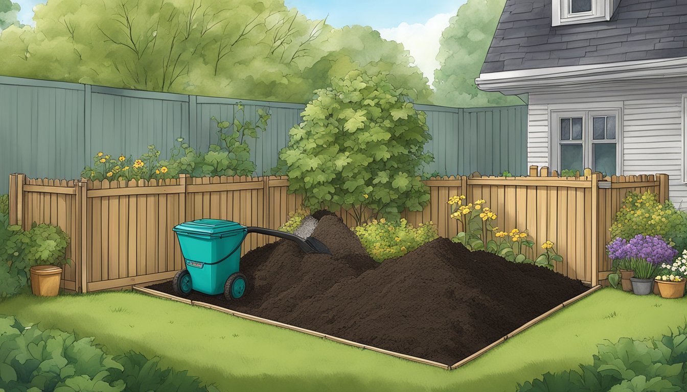 A backyard in Allentown, PA with a compost bin, a shovel, and various organic materials being layered to create a compost pile