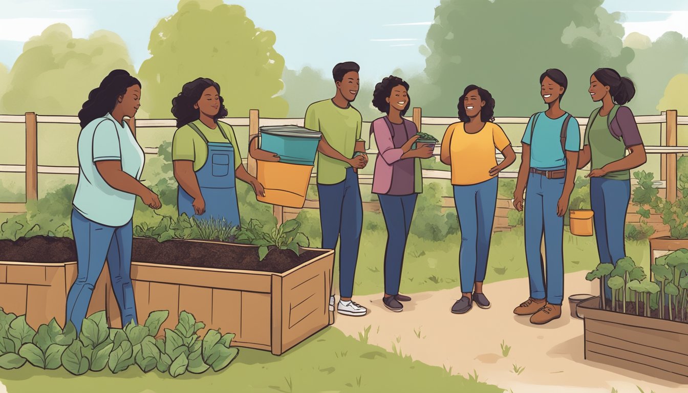 A group of people at a community garden in Oklahoma City, Oklahoma, learning about composting from an educator. The educator is demonstrating how to properly mix and layer organic materials in a compost bin