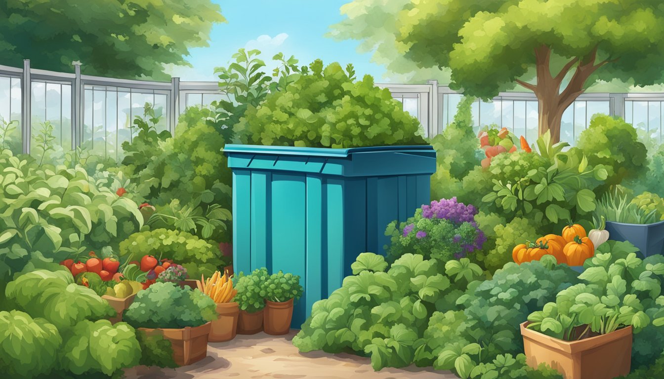 A lush garden with a compost bin, surrounded by healthy plants and vegetables, with a clear blue sky in the background