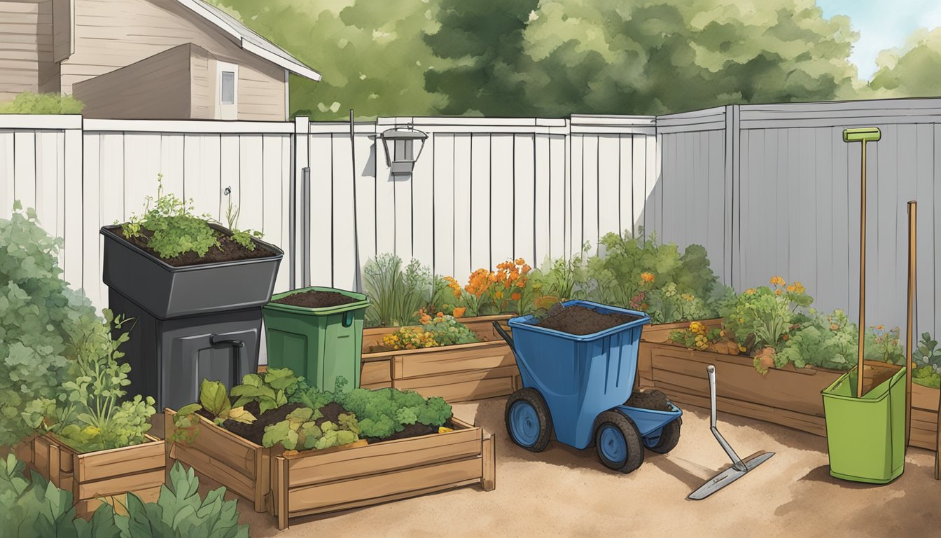 A backyard in Oklahoma City with a compost bin, gardening tools, and various organic materials being mixed together