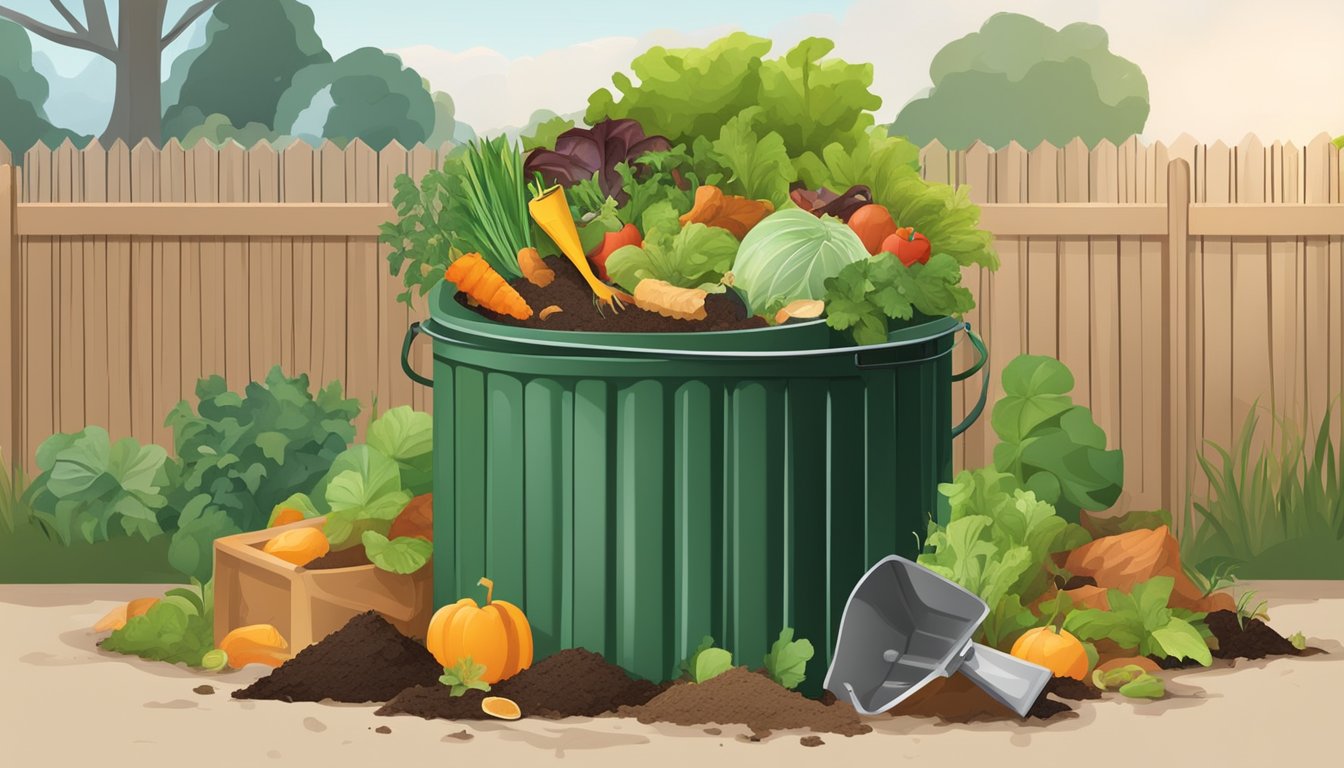 A backyard compost bin surrounded by a variety of food scraps, yard waste, and a shovel. A small garden nearby shows healthy, thriving plants