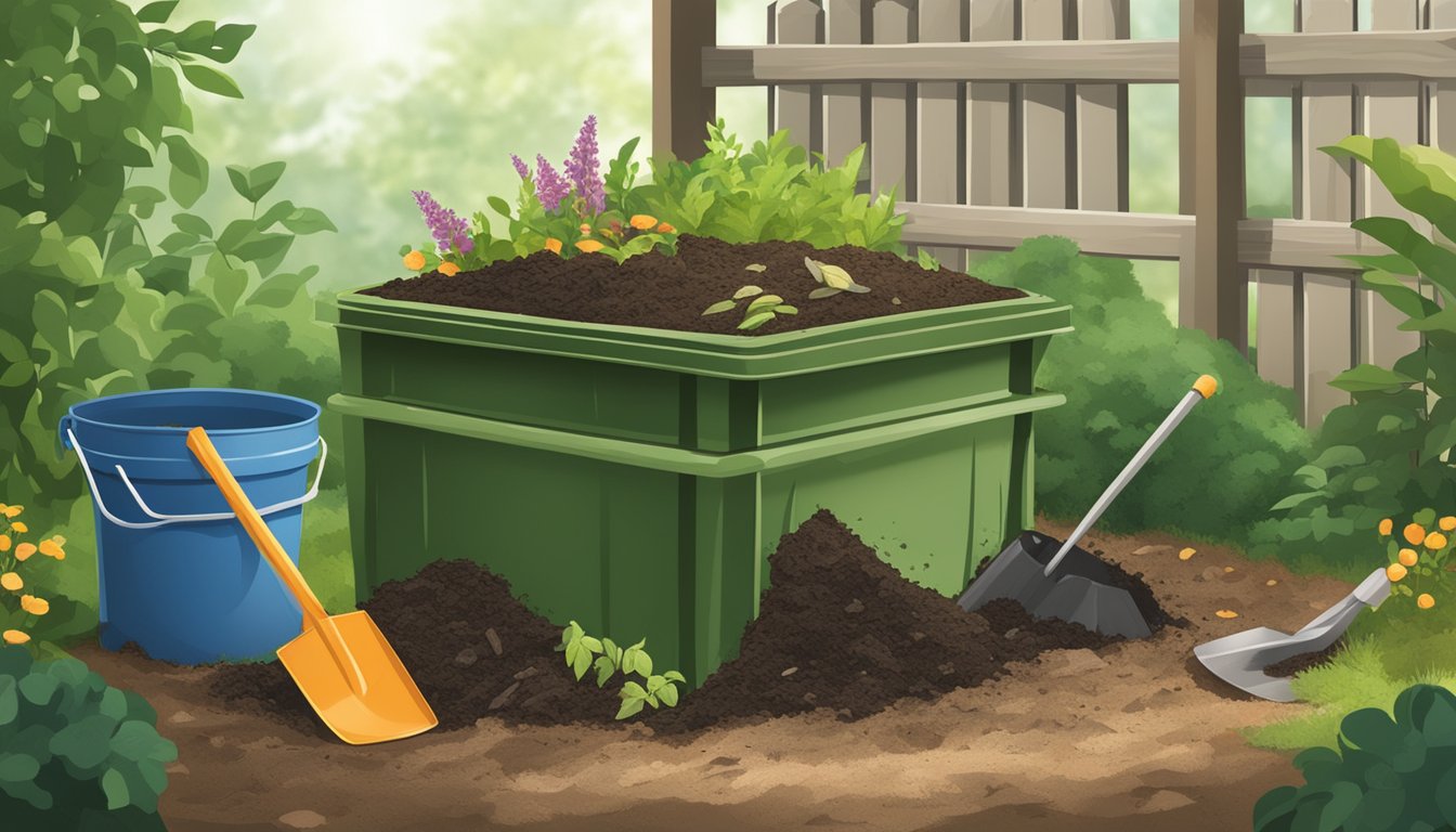 A backyard compost bin surrounded by greenery and filled with decomposing organic matter, with a shovel and gardening gloves nearby