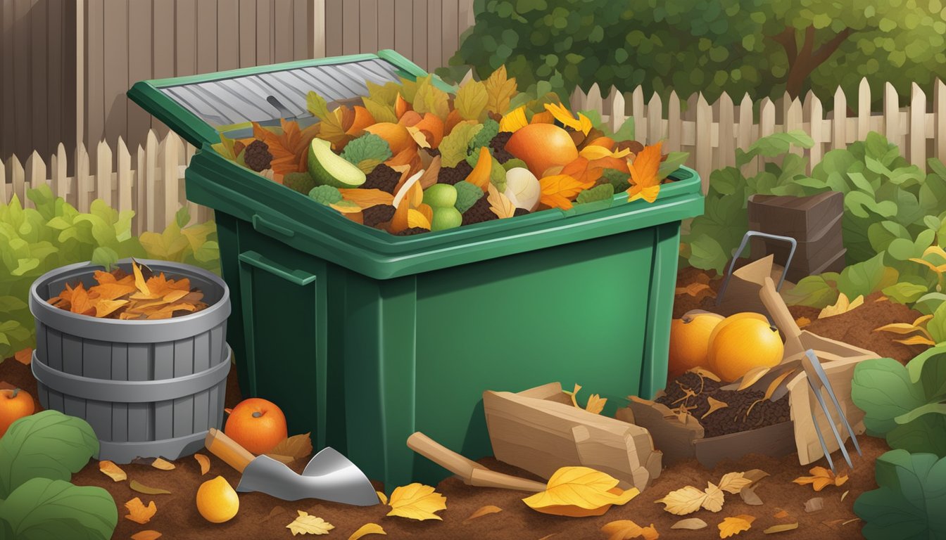 A backyard compost bin surrounded by a variety of organic materials, such as fruit peels, vegetable scraps, and fallen leaves. A small shovel and gardening gloves are nearby