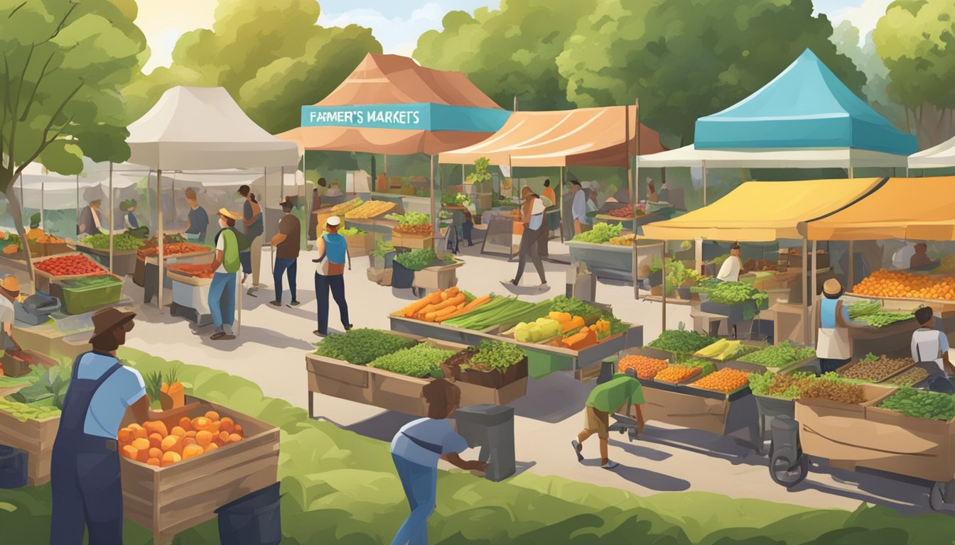 A bustling farmer's market with a composting workshop, surrounded by leafy trees and colorful banners