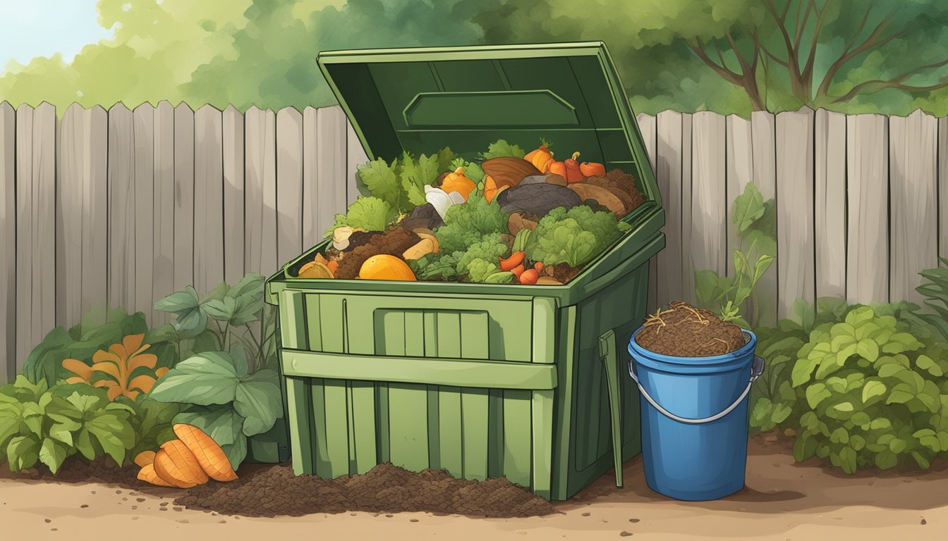 A backyard compost bin surrounded by greenery and a variety of food scraps and yard waste, with a small sign indicating "Composting Area."