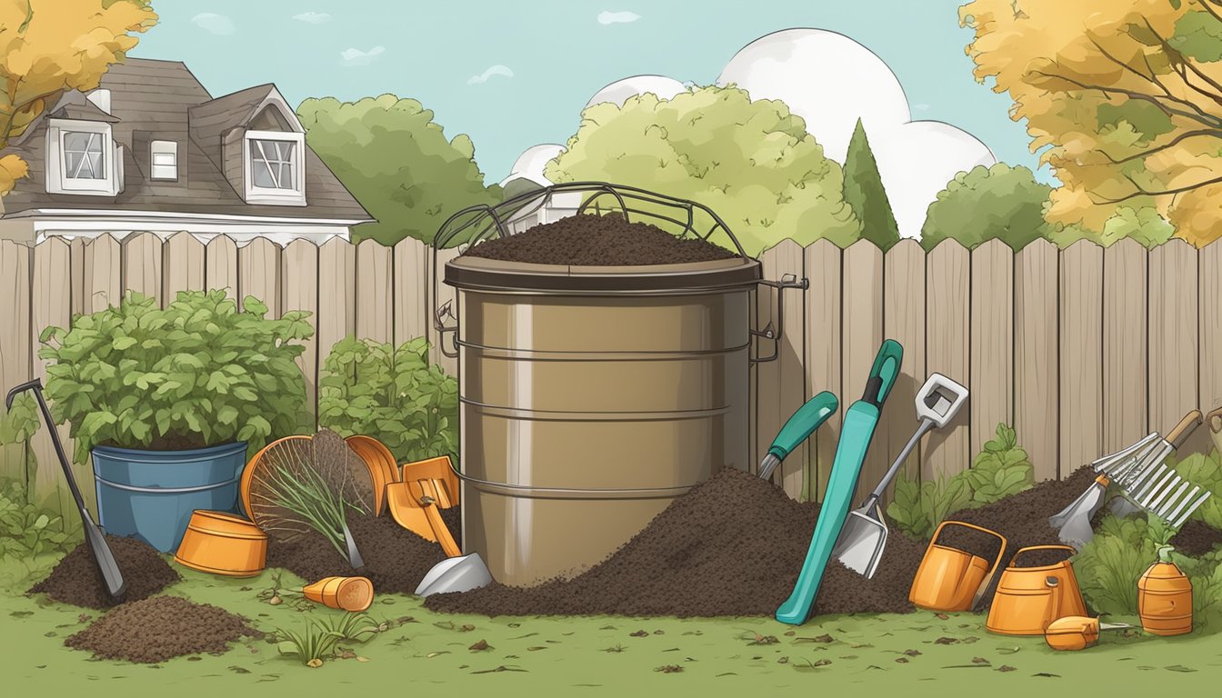 A backyard compost bin with various common issues such as pests, odor, and slow decomposition. Surrounding garden tools and a suburban landscape