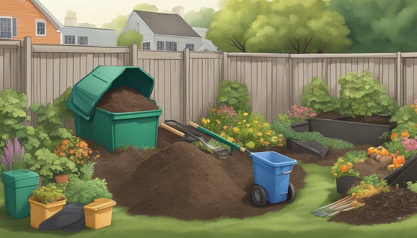 A backyard in Allentown, PA with a compost bin, garden tools, and a variety of organic waste being sorted and added to the compost pile