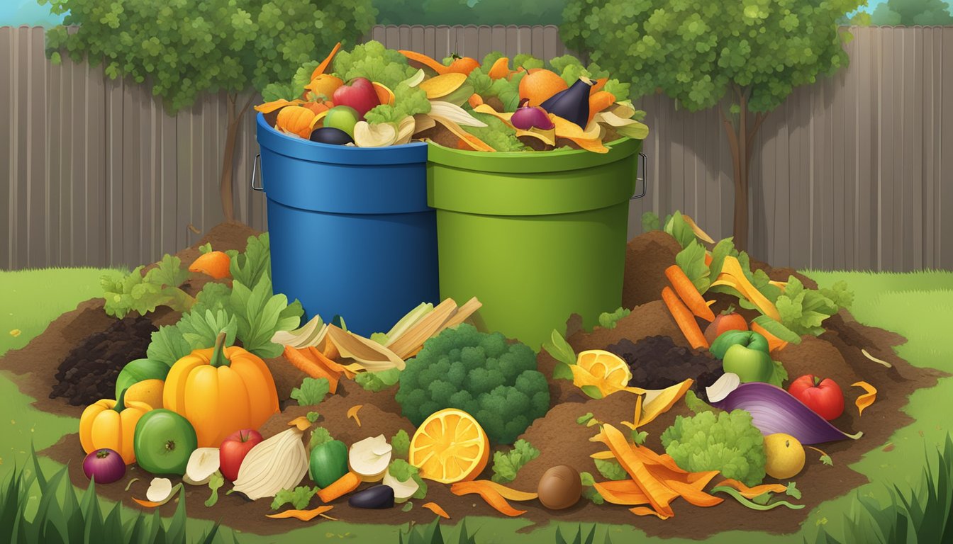 A backyard compost bin surrounded by a variety of organic waste, including fruit peels, vegetable scraps, and yard clippings