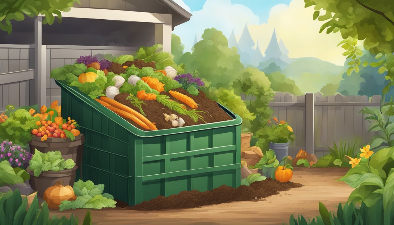 A backyard compost bin surrounded by a variety of organic waste, with a garden nearby flourishing from the nutrient-rich compost