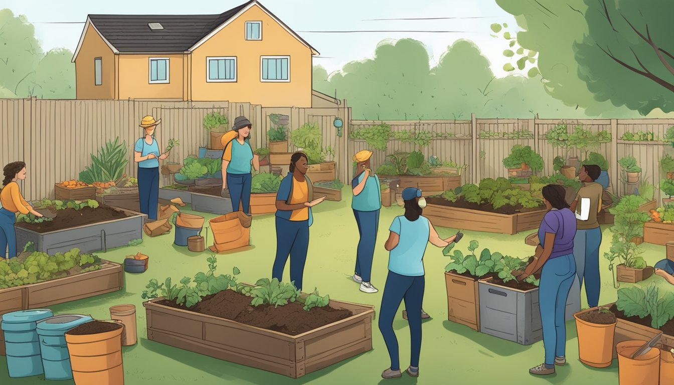 A group of people gather at a community garden, surrounded by compost bins and gardening tools. An instructor leads a demonstration on composting techniques