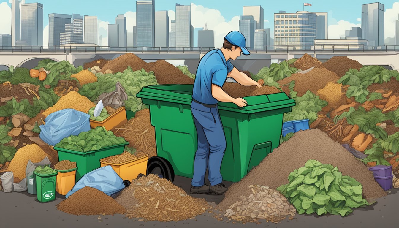 A city worker empties a bin of food scraps into a large composting pile, surrounded by informational signs and recycling bins