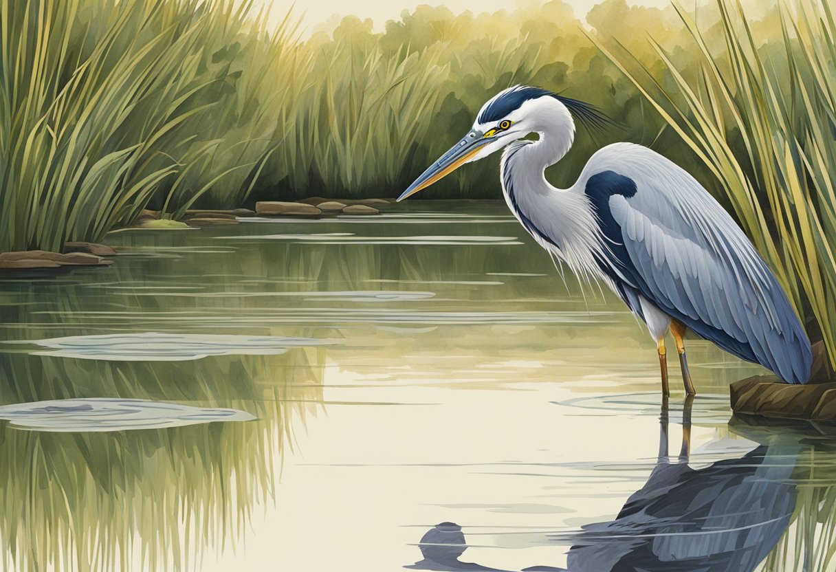 A heron stalking fish at a serene UK pond