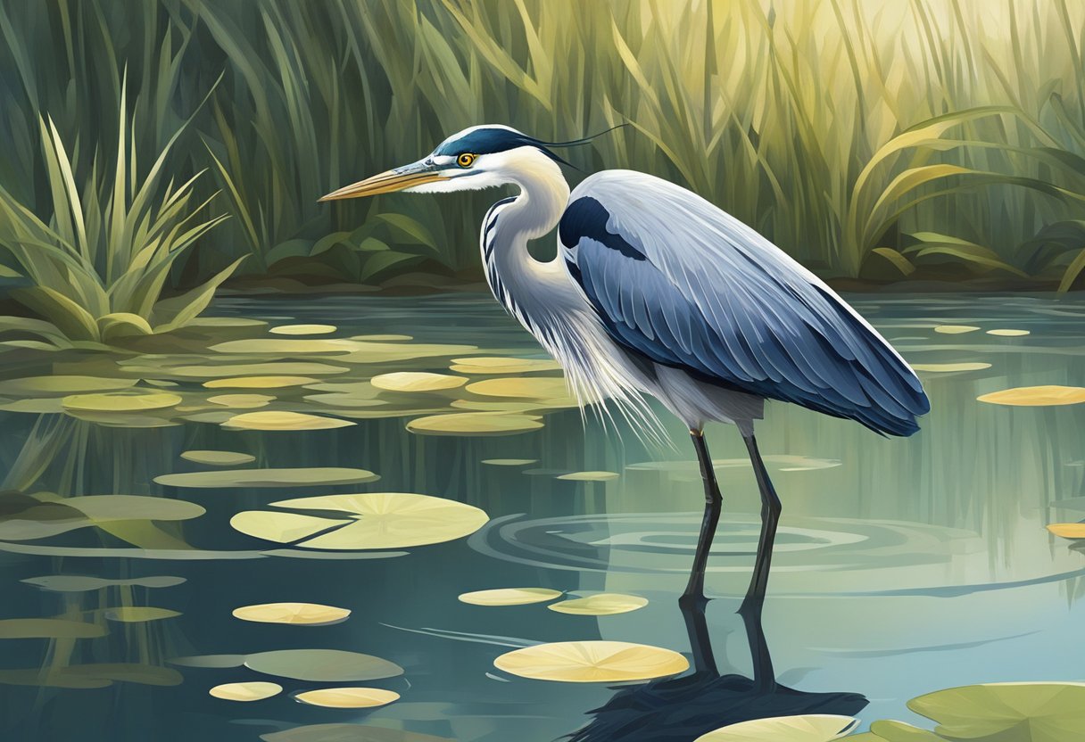 A heron stalking the edge of a murky pond, its sharp eyes fixed on the shimmering fish below the water's surface