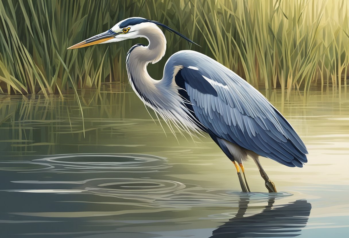 A heron stalking pond fish from the water's edge, its sharp beak poised for a strike