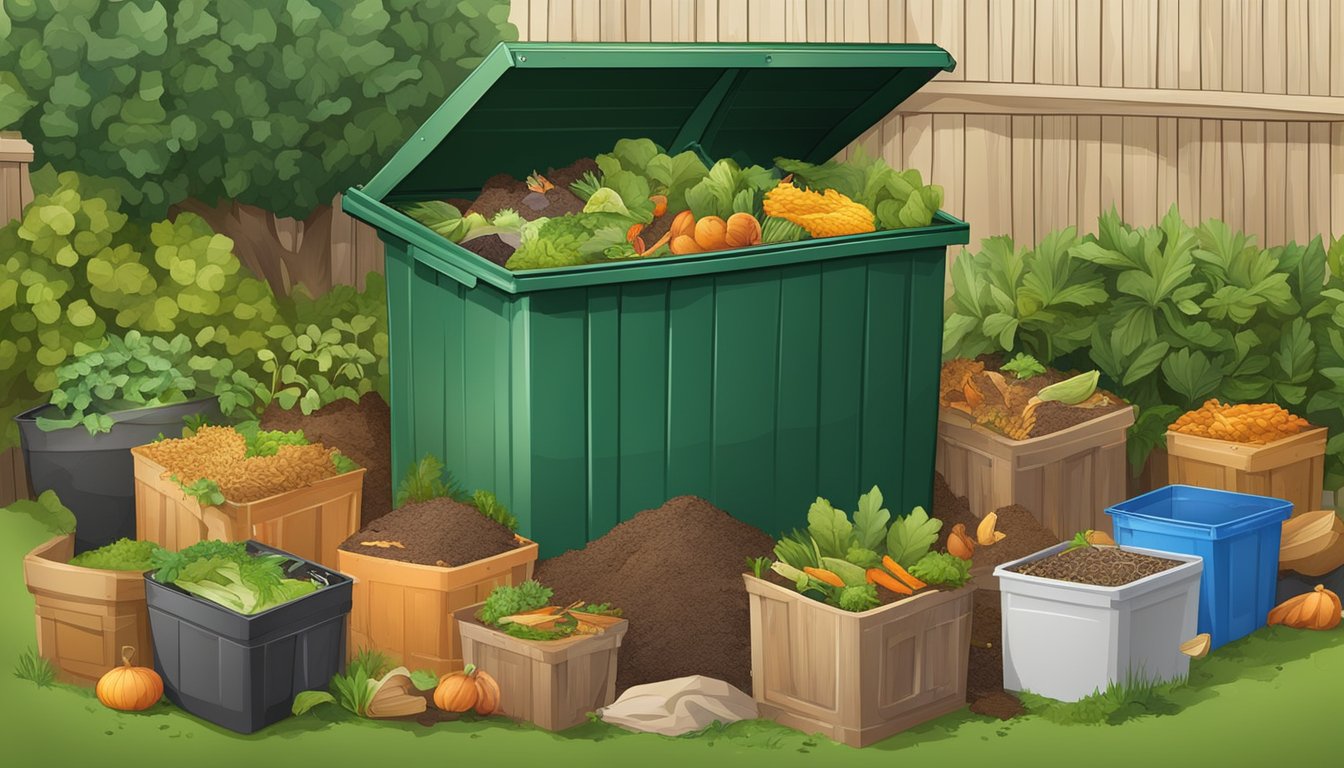 A backyard compost bin surrounded by a variety of organic waste, including food scraps, yard trimmings, and paper products