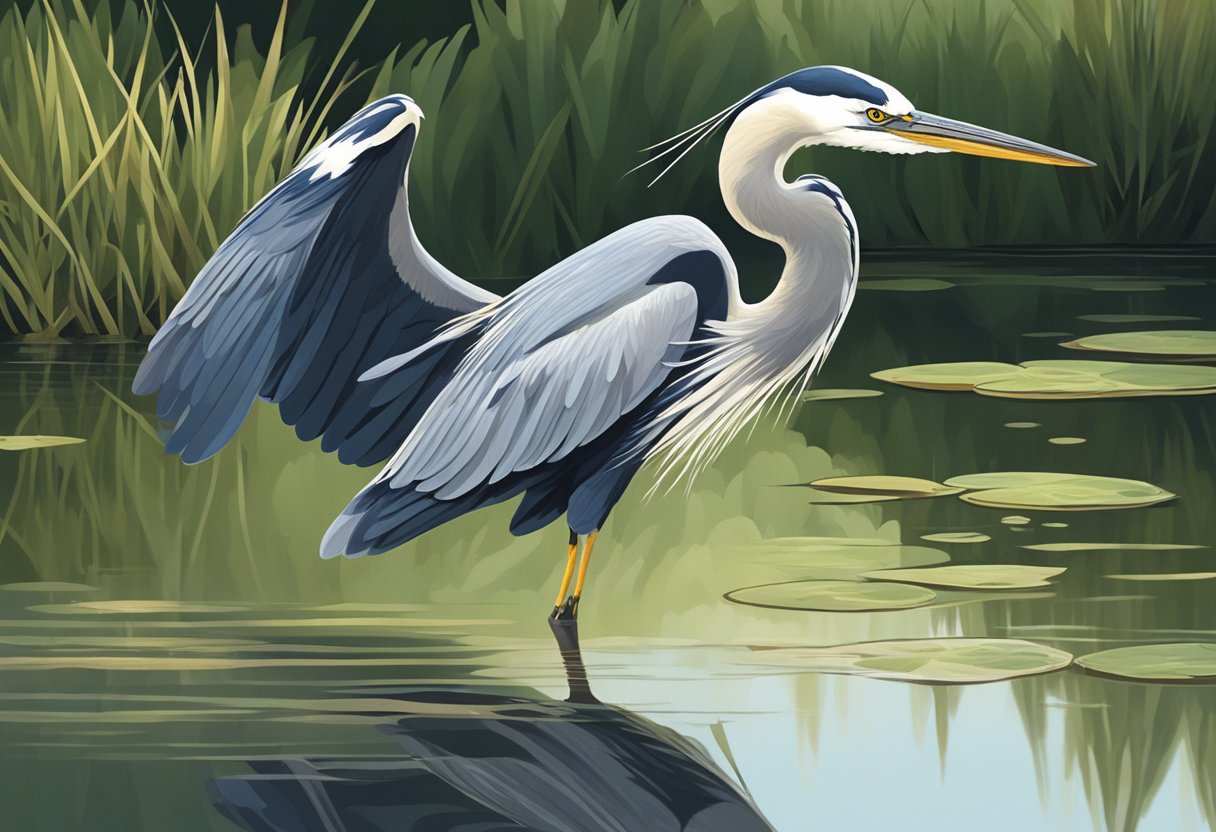 A heron stalking fish at the edge of a pond, its sharp beak poised to strike