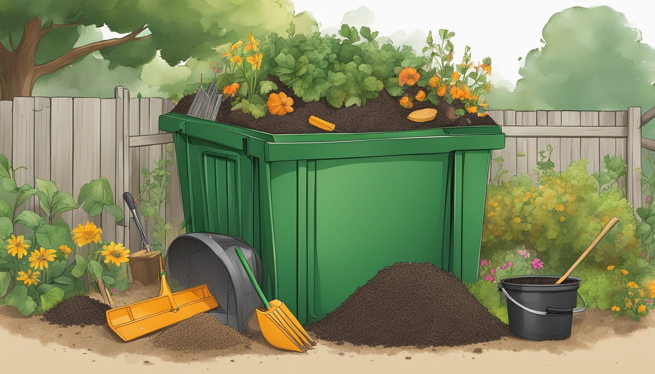 A backyard compost bin surrounded by garden tools and various organic waste materials in Tulsa, OK