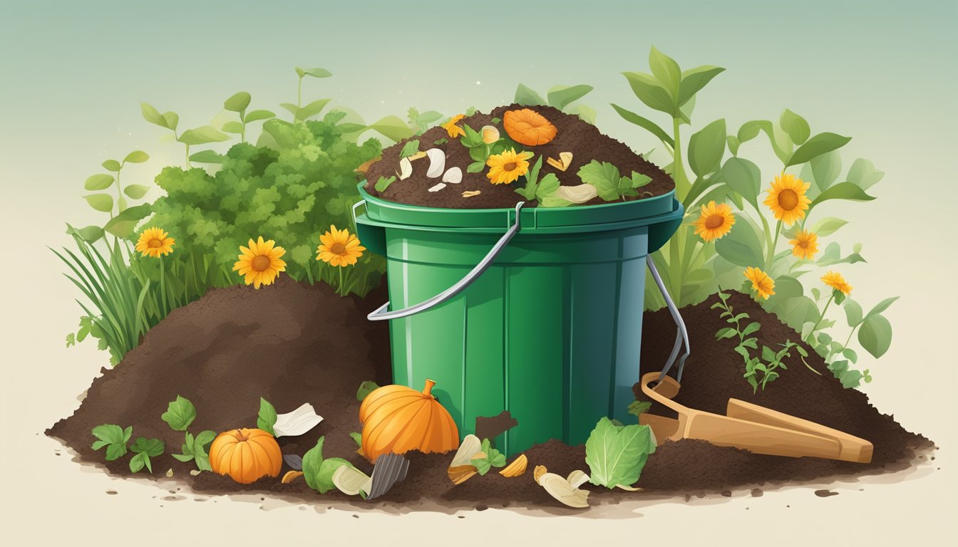 A backyard compost bin surrounded by a variety of organic materials, including food scraps, yard waste, and shredded paper. A shovel and watering can sit nearby