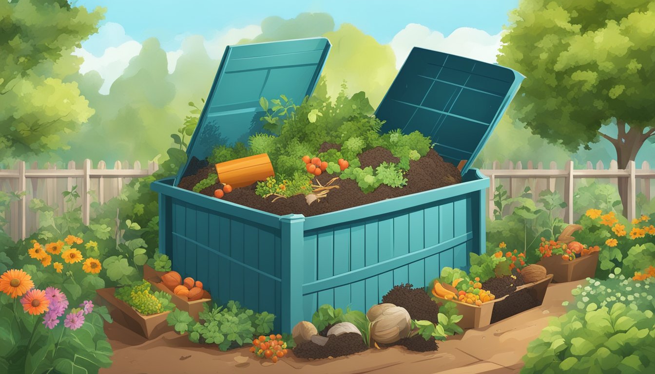 A backyard compost bin surrounded by various organic waste materials, with a lush garden in the background and a clear blue sky overhead