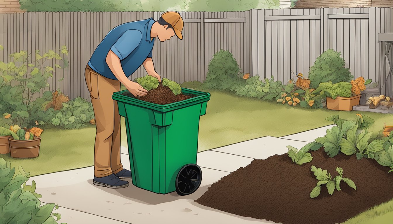 A person placing food scraps and yard waste into a designated composting bin in a backyard garden