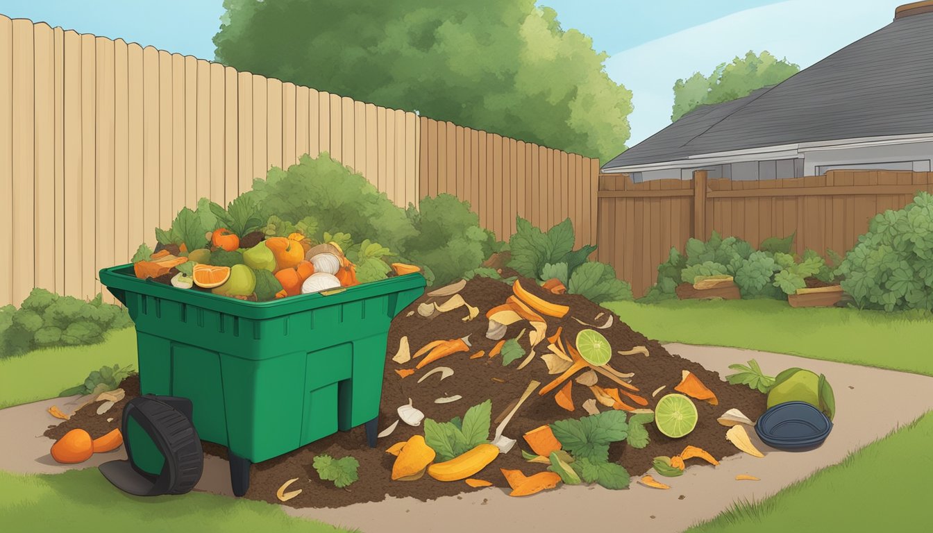 A pile of organic waste, including fruit peels, vegetable scraps, and yard trimmings, is surrounded by a compost bin and a shovel in a backyard in Tulsa, OK