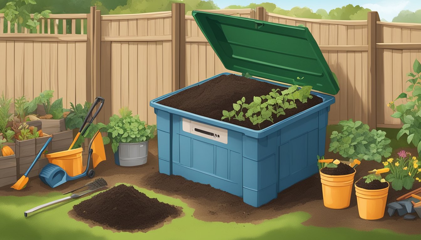 A backyard compost bin surrounded by garden tools and a variety of organic waste, with a compost maintenance guide open nearby