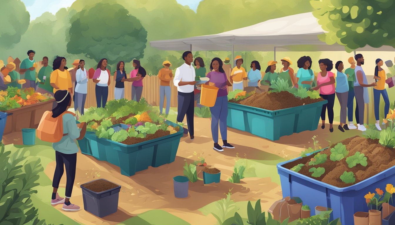 A diverse group of people learn about composting in a community garden, surrounded by colorful bins and piles of organic waste