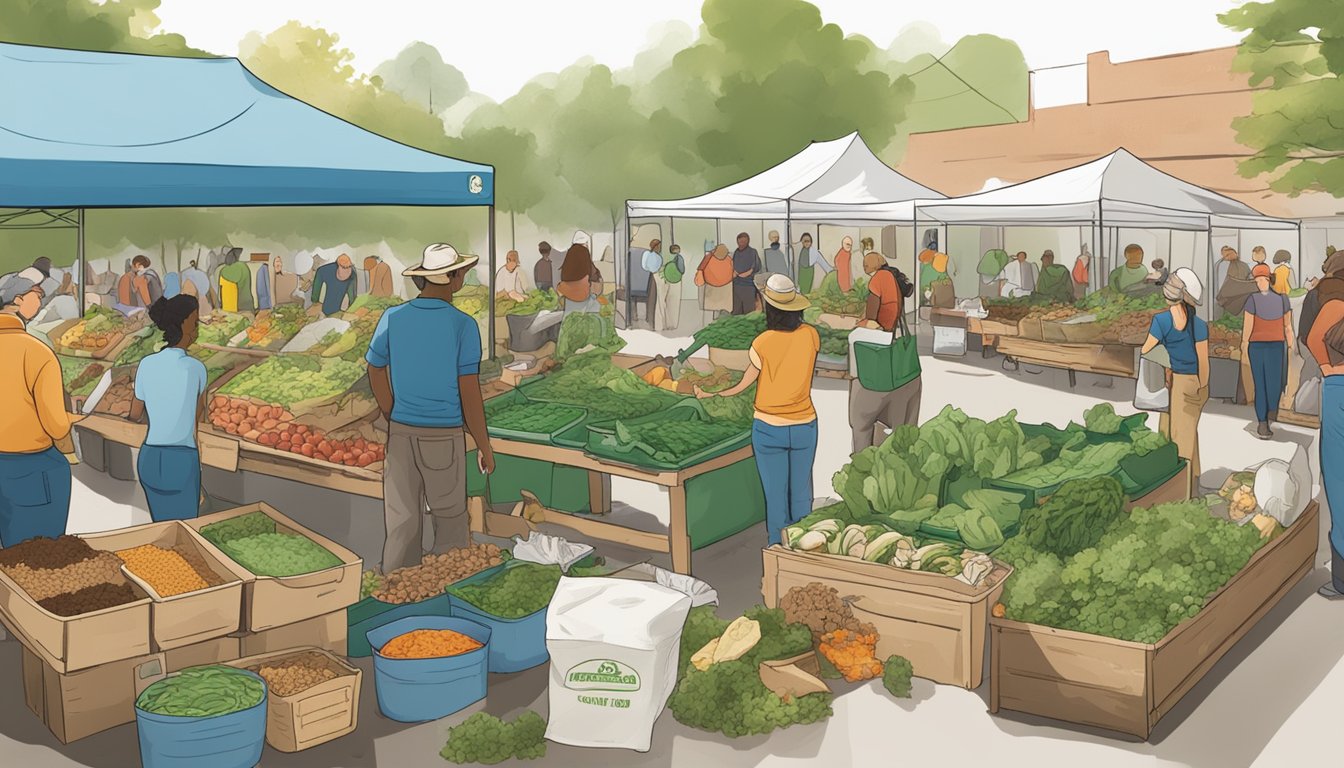 A bustling farmer's market with bins of food scraps and compostable materials, a sign promoting zero-waste practices, and a composting workshop in session