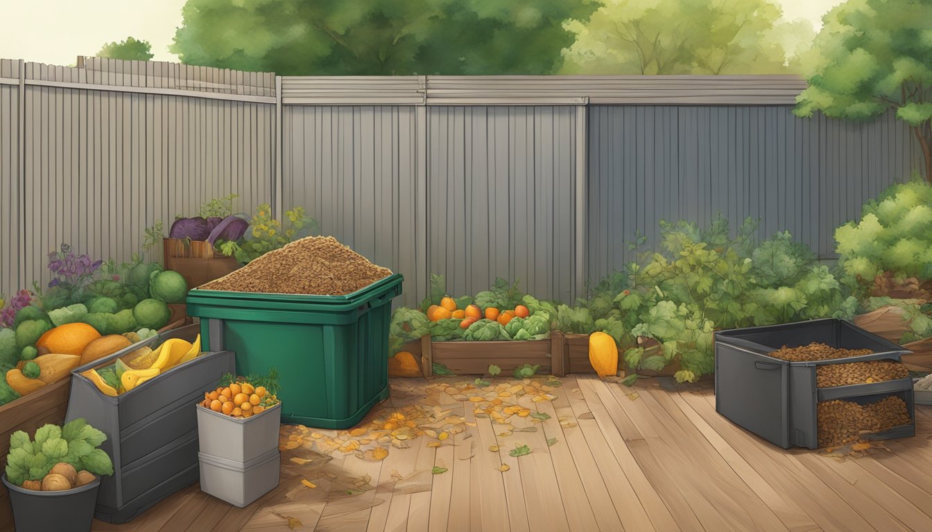 A backyard in Tulsa, Oklahoma with a compost bin surrounded by a variety of organic materials such as fruit peels, vegetable scraps, and yard waste