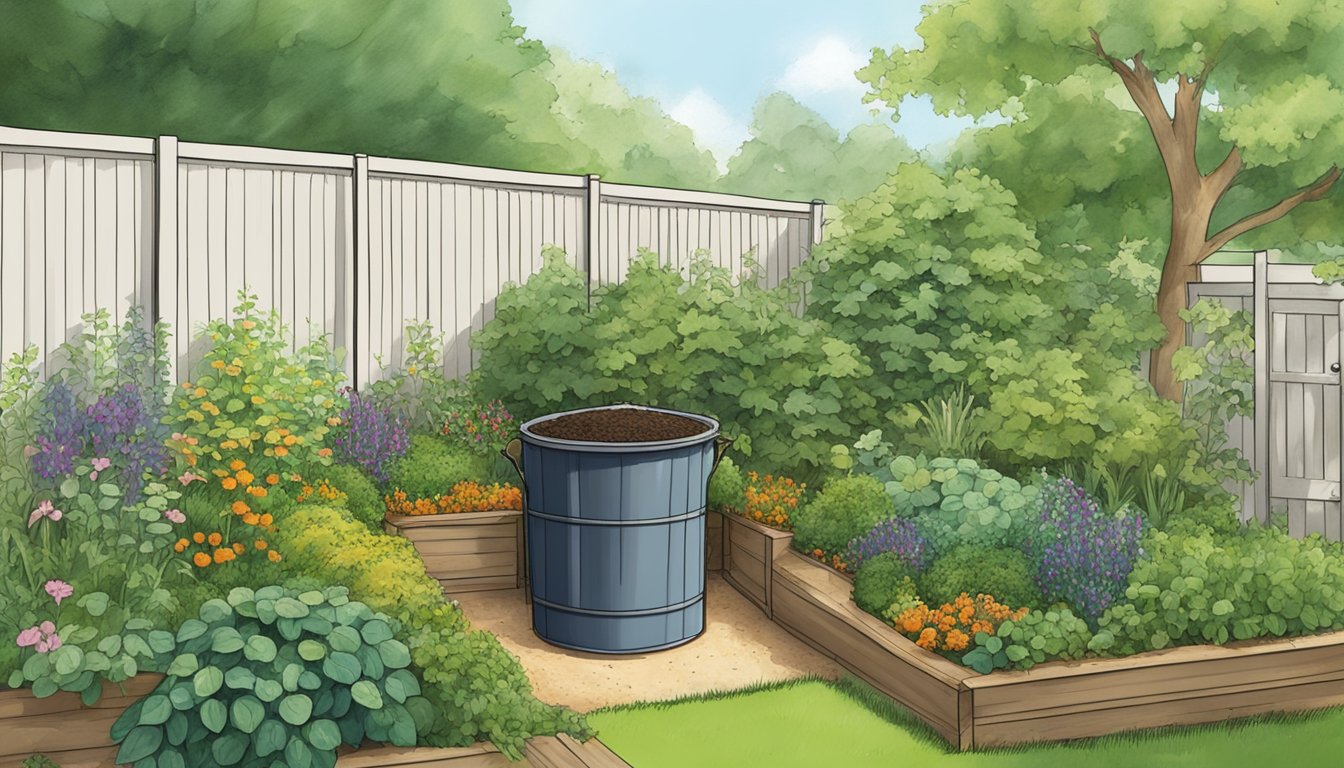 A backyard compost bin surrounded by greenery and a small garden in Tulsa, OK