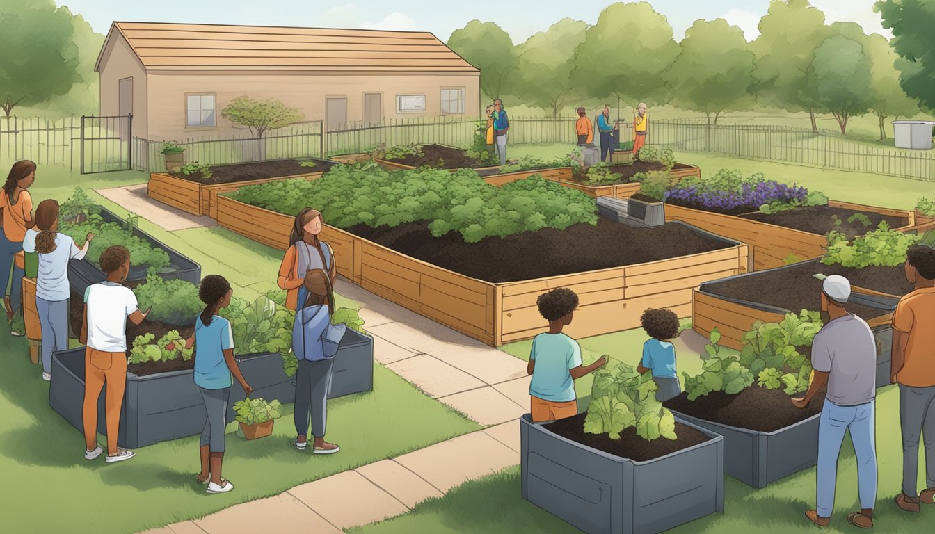 A community garden with compost bins, educational signage, and a group of people learning about composting in Tulsa, OK